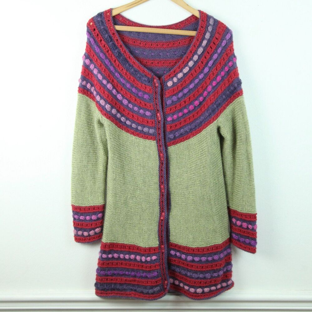 Handmade Knit Wool Cardigan Sweater Art to Wear Green Purple XS S‎ Cottagecore